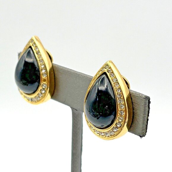 Vintage CHRISTIAN DIOR Pave Crystal Black Cabochon Clip On Earrings Gold Tone - Picture 7 of 9